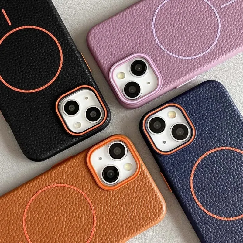 Lichee Leather Pattern Magnetic for Magsafe Case for IPhone 17 Air 16 15 14 Plus 13 12 11 Pro  Max  Soft Matte Cover Capa