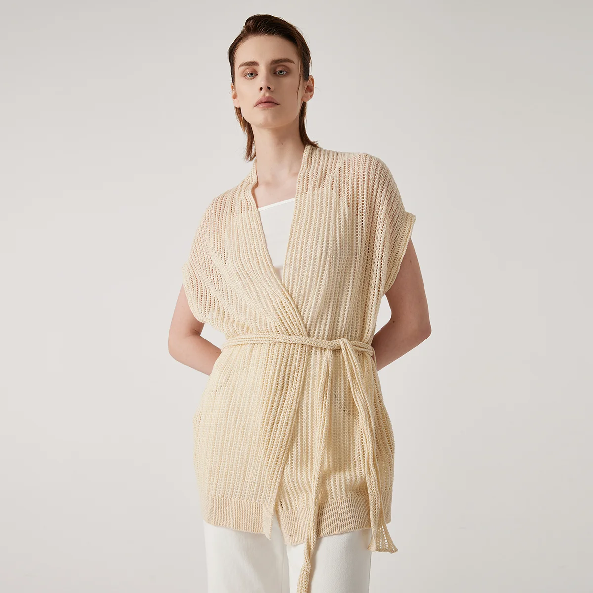 

BC1122 high-quality luxury women's Hollow mesh lace up pure linen knitted cardigan