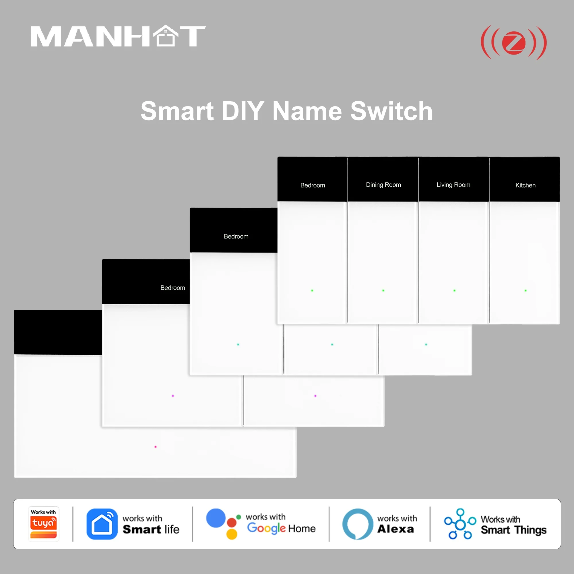 Manhot Zigbee DIY Name Radar Sensing Wall Button Light Switch 1-4 Gang Horizontal Display Work with Tuya Alexa Google Home Voice