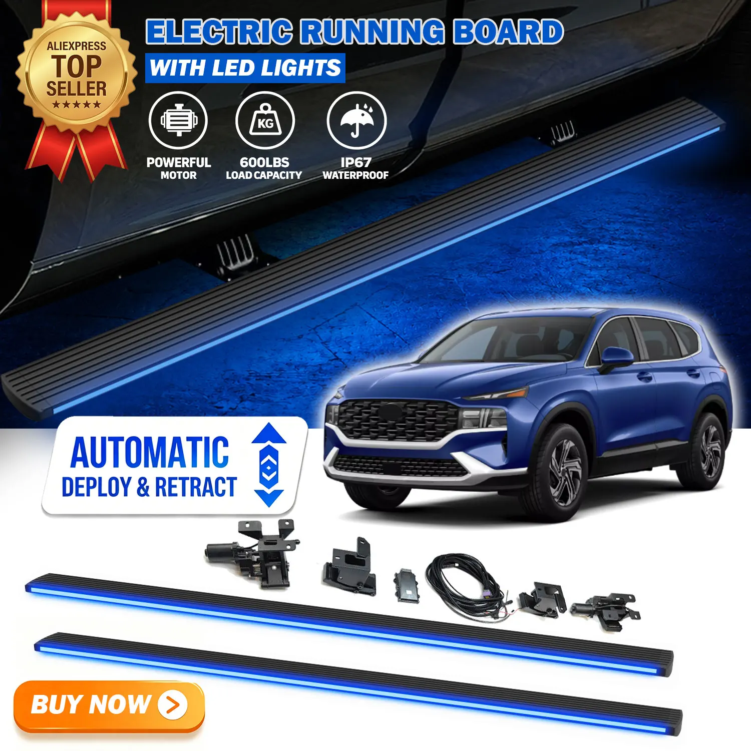 Fits For Hyundai Santa Fe 2019-2023 Deployable Power Electric Running Boards with LED Light Strips Side Step Nerf Bars