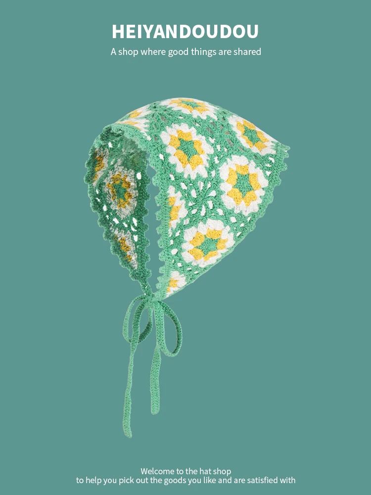 Dopamine Cute Sweet Knitted Triangle Towel Female Idyllic Seaside Vacation Photo Sunscreen Bag Head Scarf Headband
