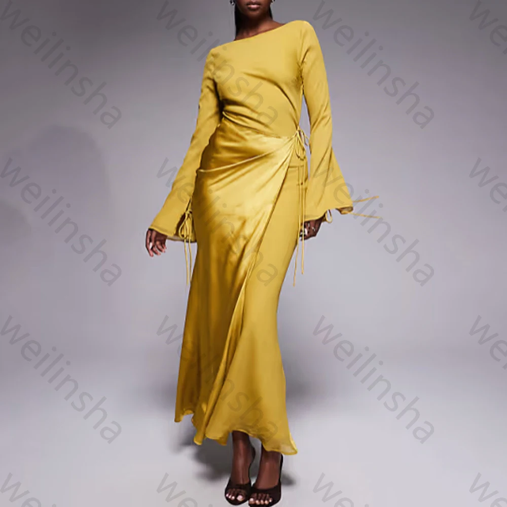 

Элегантное шифоновое платье макси с длинными рукавами и разрезом на шее, атласные вечерние платья с запахом, изысканные платья для выпускного вечера высокого качества по индивидуальному заказу