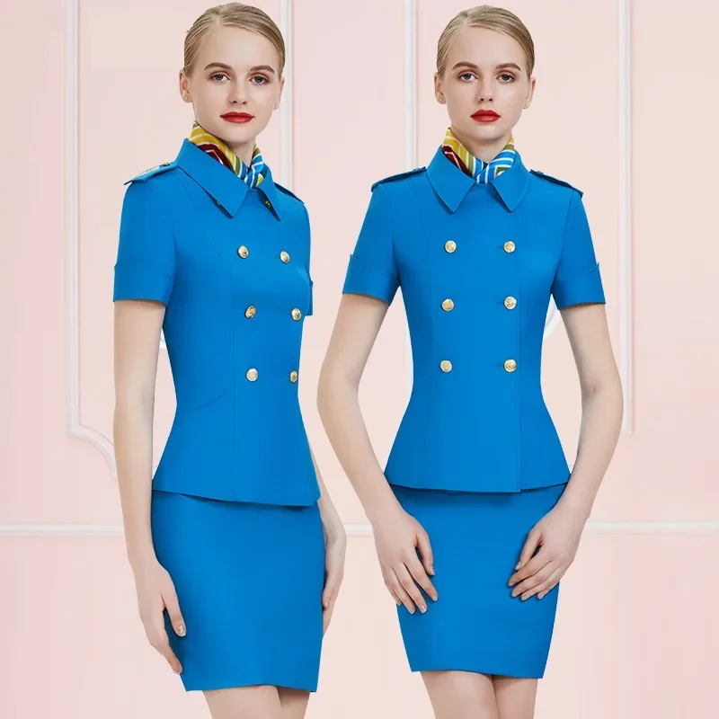 新しいホット販売夏の女性のハイエンドプロフェッショナルスーツファッションホテルフロント半袖オーバーオールスチュワーデス制服スカート