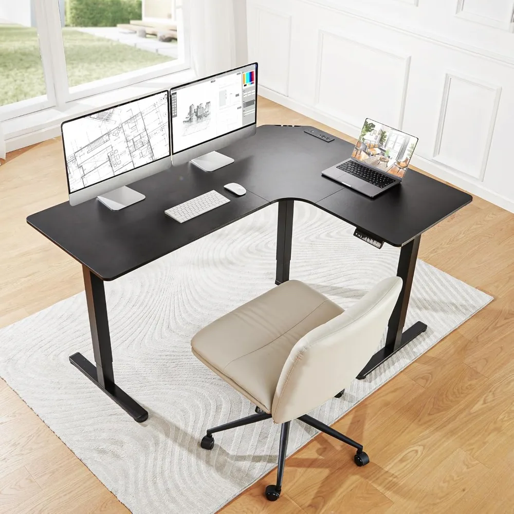 63″ Dual Motor L-Shaped Standing Desk, Built-in Power Outlets,Electric Height Adjustable Corner Computer Desk,Power Strip Holder