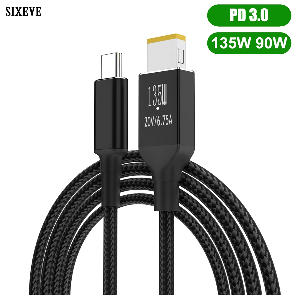  Câble adaptateur de chargeur PD USB Type C vers carré, 90W 135W, pour ordinateur portable Lenovo ThinkPad T440P T530 T540P G405 Y9000P Y7000P, convertisseur