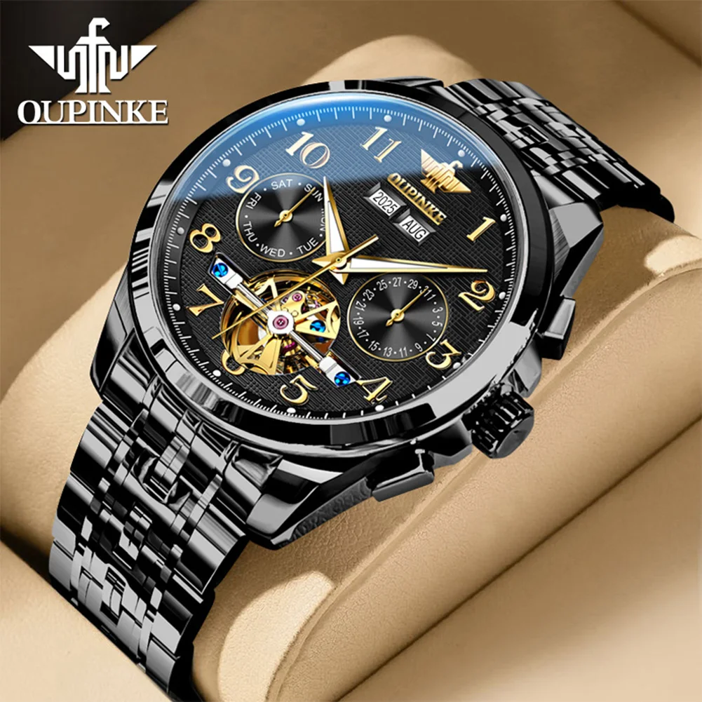 

OUPINKE полностью черные мужские часы из нержавеющей стали, элитные мужские ручные часы с двойным календарем, автоматические механические часы