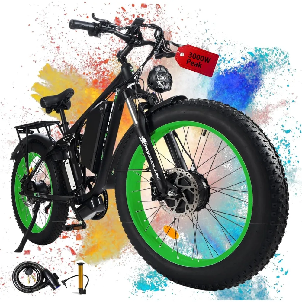 Adult Dual Motor 3000W Peak Fat Tire Electric Bike - 52V, 25AH Battery, 38MPH, Full Suspension Electric Bike, 24 Inch Dirt Bike