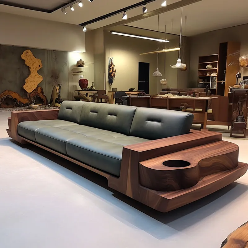 New Chinese-style North American black walnut solid wood modern simple multi-person straight-row sofa office high-end custom fur