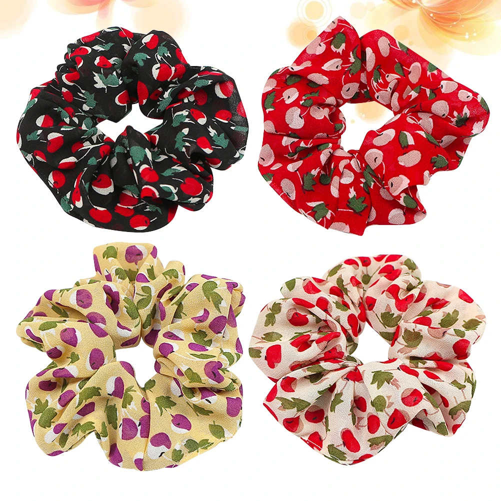 

4Pcs Cherry Hair Rope Elastic Rings Chiffon Ties Women Headdress Floral Headwear B Daily Stylish Thin Thick Hair Accessories