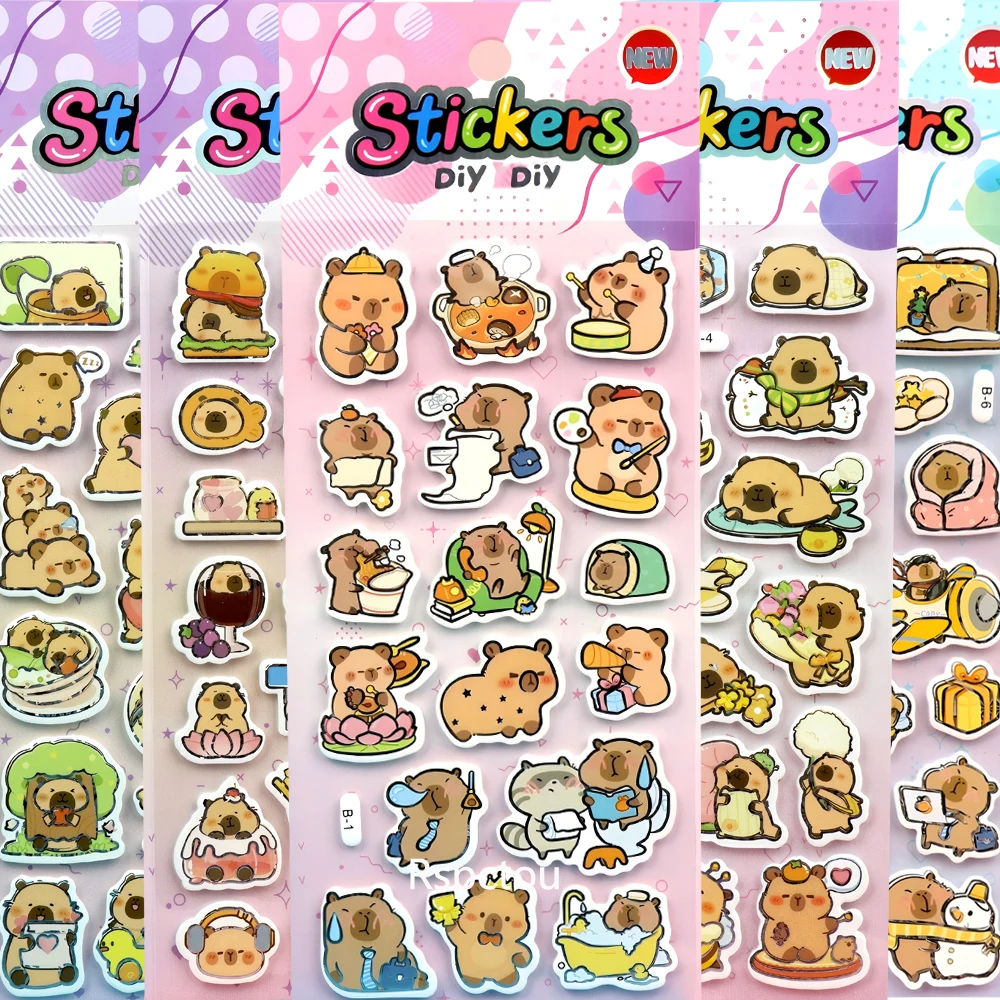 Pegatinas hinchadas 3D de capibara divertidas, calcomanía de burbujas de animales, juguete impermeable, papelería DIY, portátil, pegatina de recompensa de dibujos animados, 6 uds.