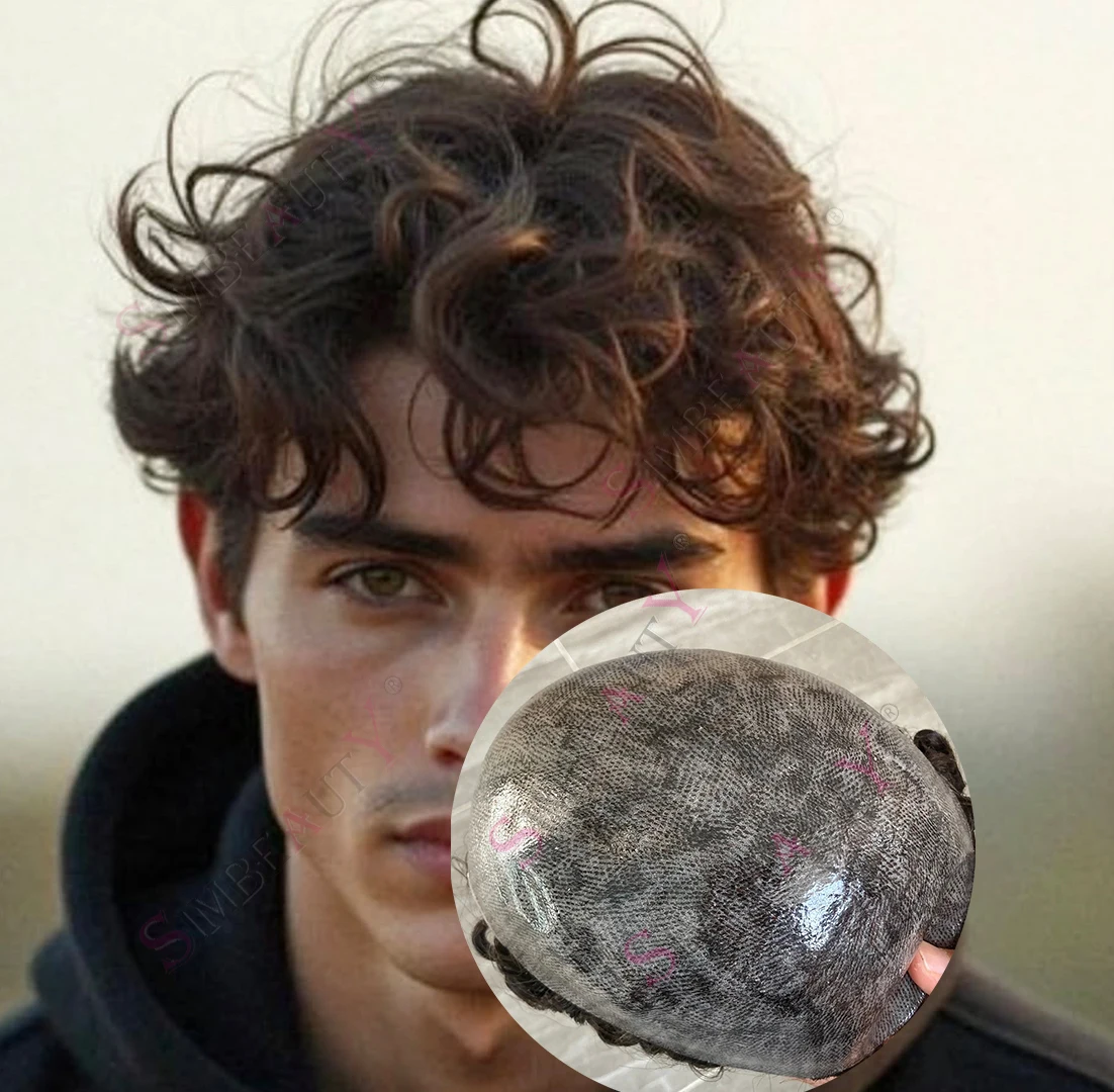 28 ملم مجعد # 3 # 4 شعر مستعار بني للرجال بقاعدة ميكروسكين غير قابلة للاكتشاف، خط شعر طبيعي للرجال مجعد 100% شعر بشري صناعي #1