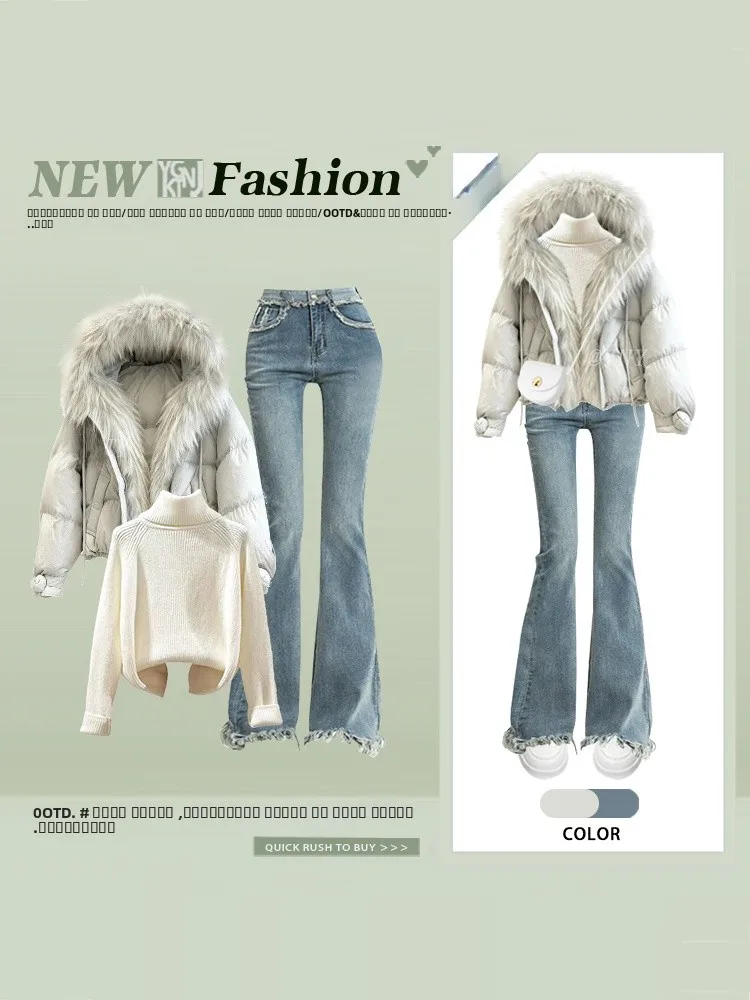 

Зимнее модное женское хлопковое пальто-туэт с меховым воротником, длинные джинсы с высокой талией, теплый и слиповый комплект из двух предметов, высококачественное ощущение