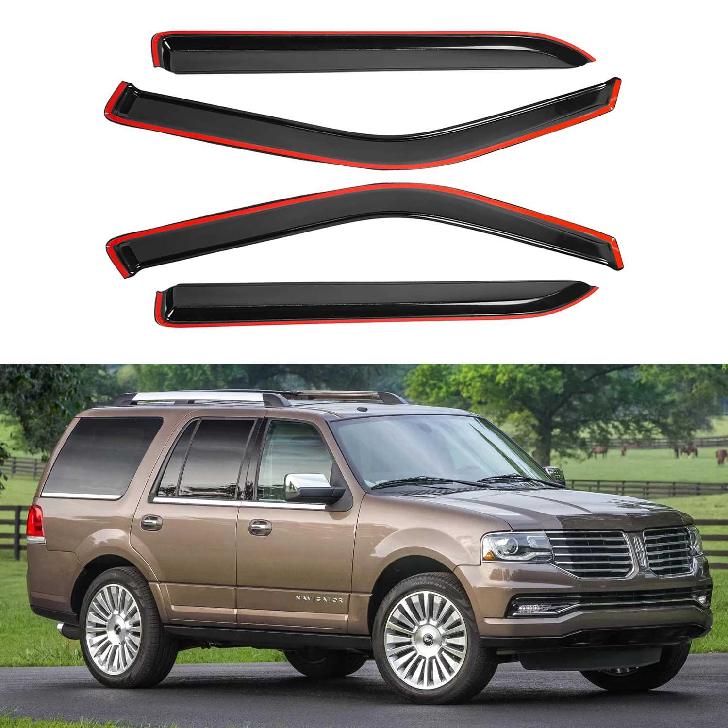 

For Ford Expedition 4-Door 1997-2017 / Lincoln Navigator 4-Door 1998-2017 Tinted Window Deflectors 4pcs Set No Drainage Channel 1.5MM Thickness