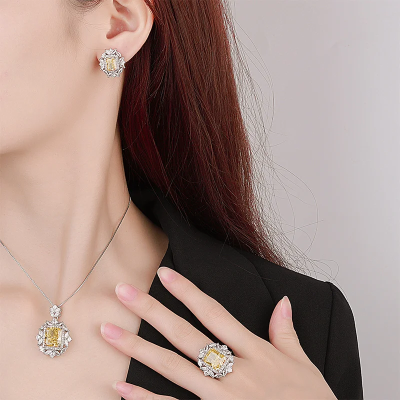 EYIKA Luxurious Brilliant Cut Yellow Crystal Zircon Flower Pendant Necklace Ring Earrings for Women Banquet Jewelry Set