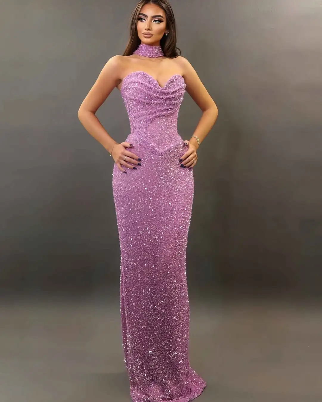 

Ofherown 2026 New Lavender Strapless Sequin Evening Dress with Scarf Ruched Bust Slim Fit Party Prom Gown for Party Customized