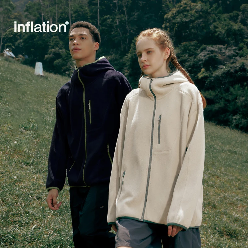 

INFLATION Unisex Color Block Fleece Jacket Windproof Trendy Loose Fit Stand Collar Hooded Zip-Up Jacket for Men