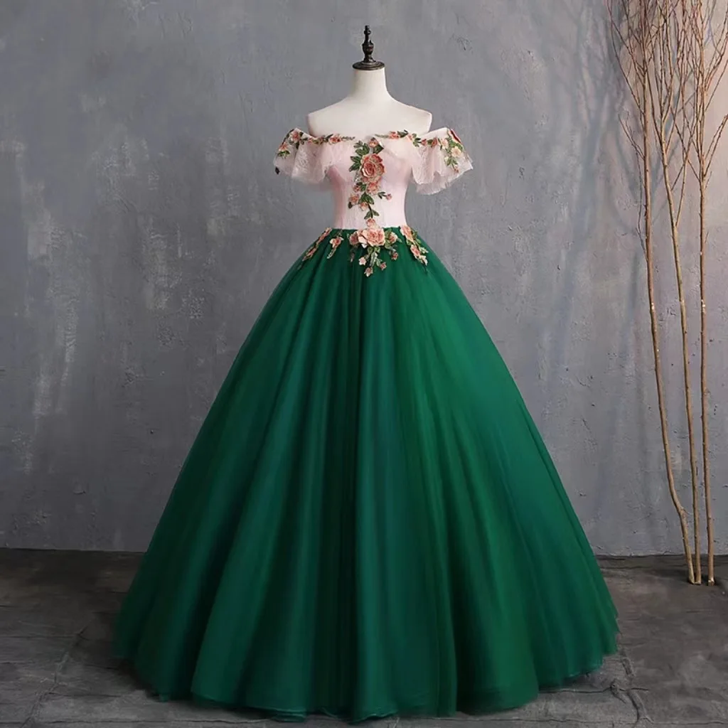 

colorful Flowers Lace Appliques Off the Shoulder Quinceanera Dresses Green Tulle Skirt Pink Top Prom Party Gown robes 15 Years