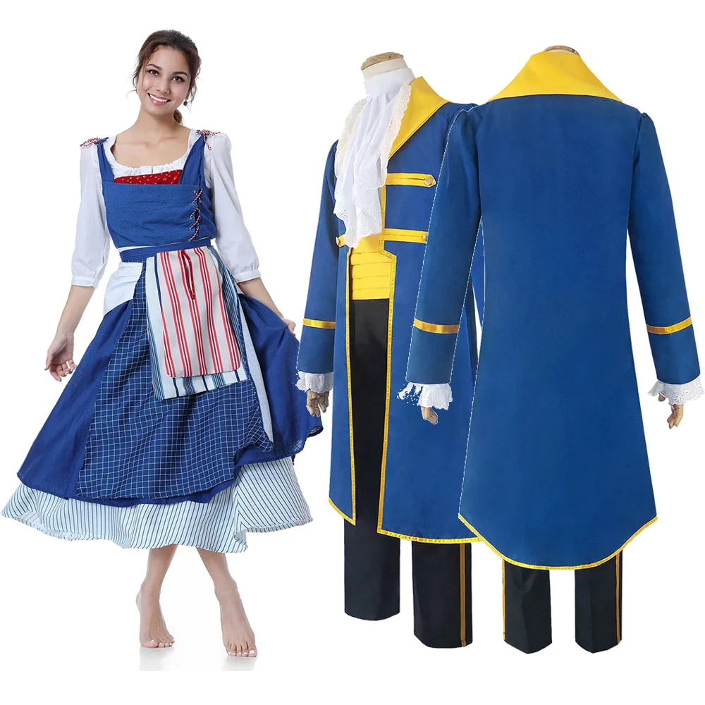 

Belle Cosplay Costume Female Beauty Princess Maid Dress Halloween Carnival Blue Dress Adult Men Prince Stage Costume Outfits