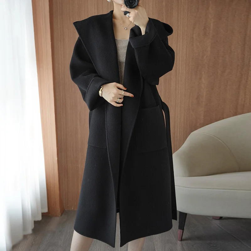 Winter Hooded Wool Coat Women\'s 100% Wool Coat Autumn Long Camel Coat Female Loose Fashion Casual Black Strap Coat Commuter