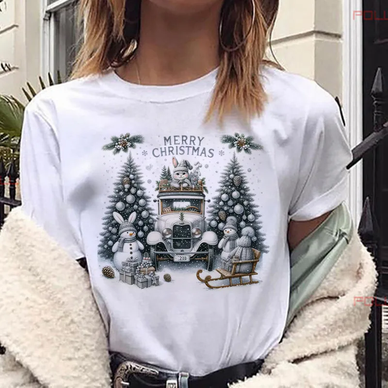 2024 Cute Merry Christmas Rabbit Snowman Women Clothing Y2k T-shirts White Casual Graphic T Shirts