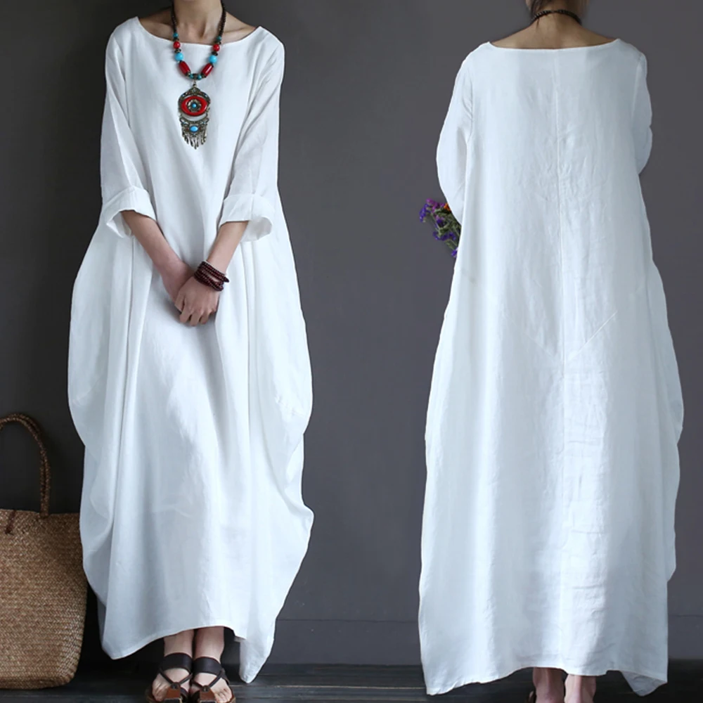 Korean Fashion Female Cotton Linen Robe Long Dresses Women Elegant Long Sleeve O Neck Maxi Kaftan Dress Casual Vintage Vestidos