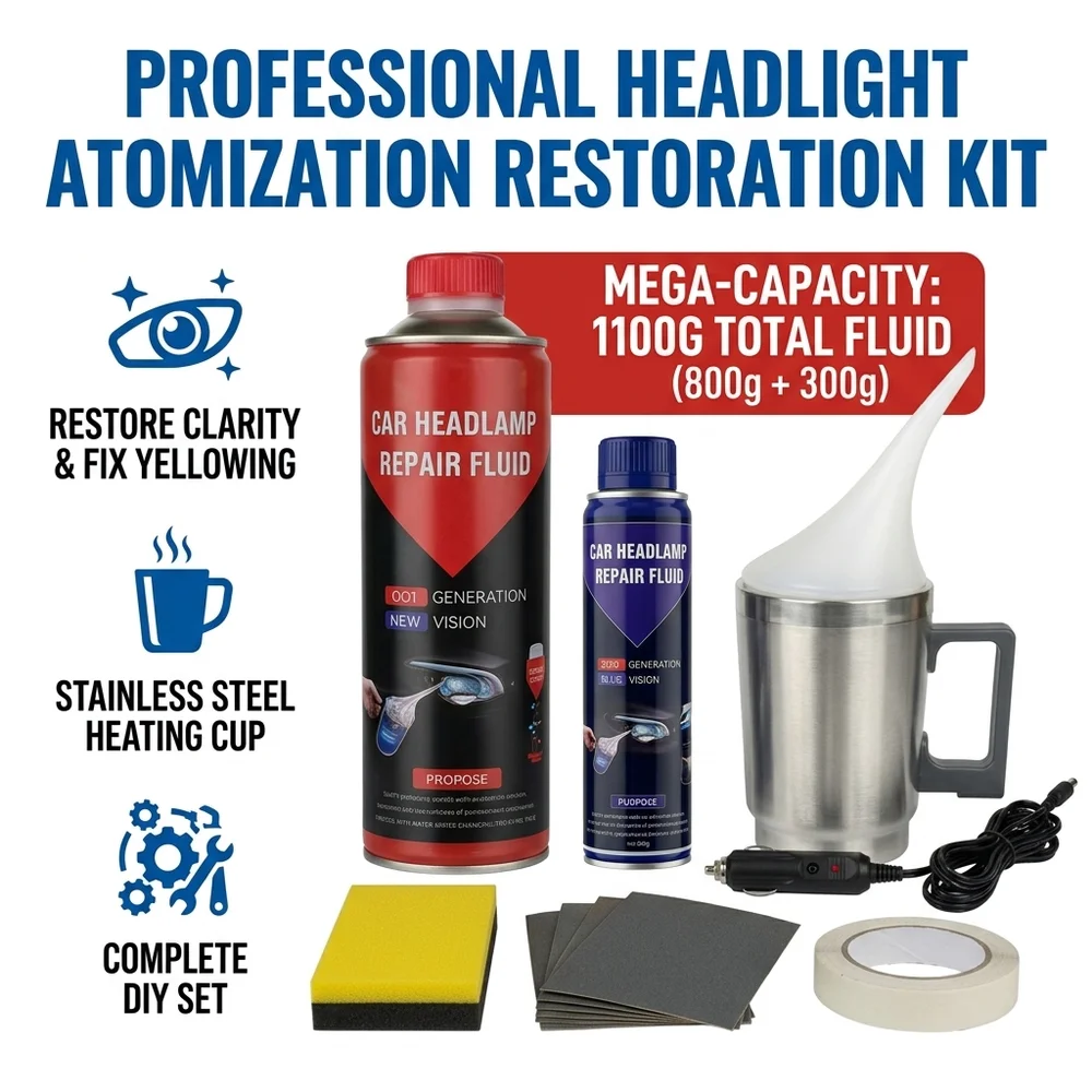 1100g Car Headlight Restoration Kit Steam Atomizer Tool Fix Yellowing Scratches Blurred Lamps Stainless Steel Cup