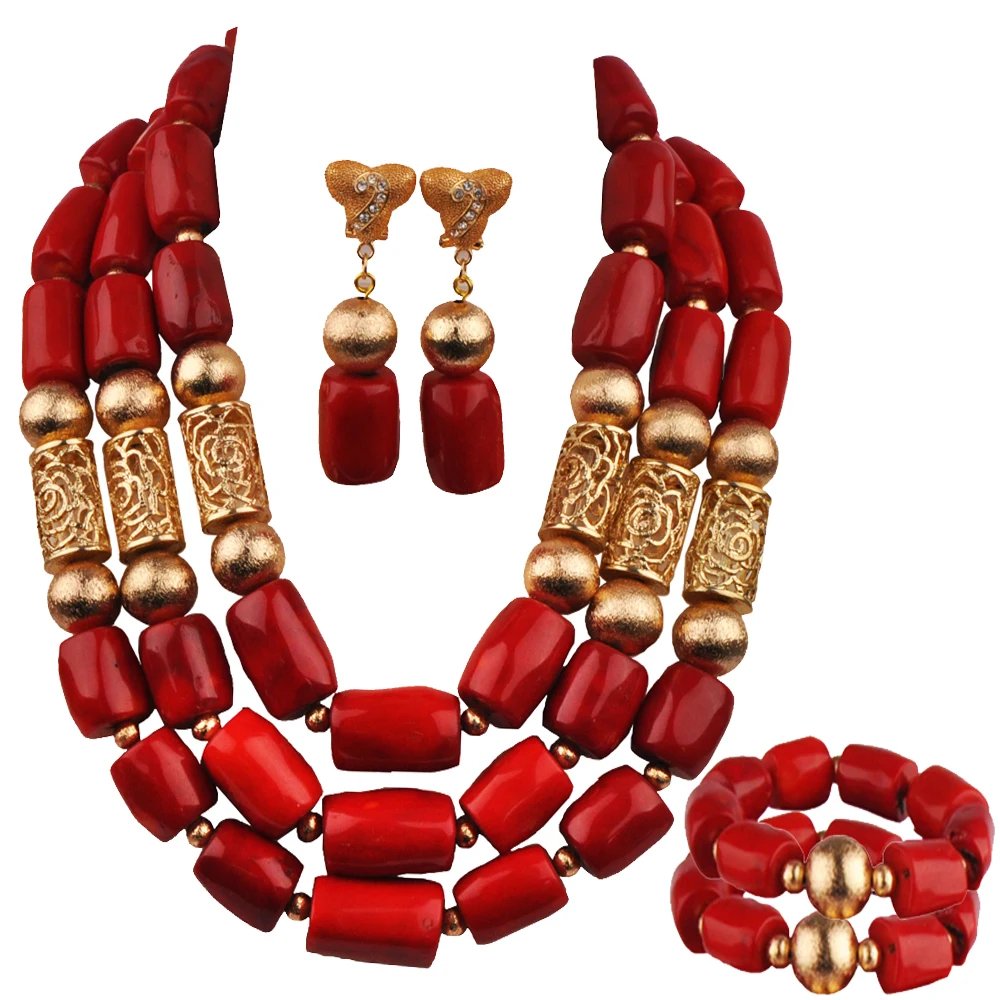 

African Wedding Beads Red Coral Jewelry Set for Women