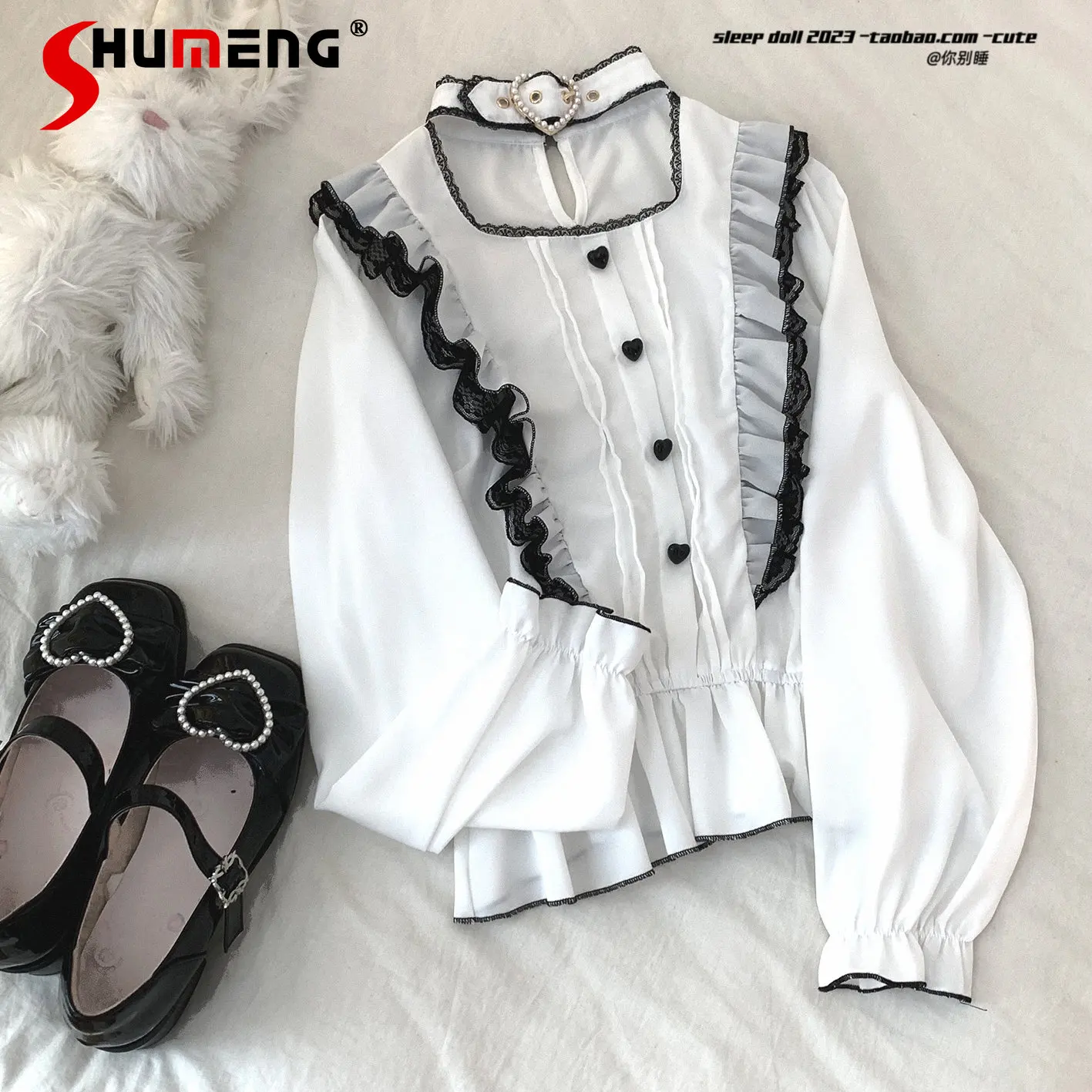 

Japanese Style Woman Ruffles Neckline Pearl Heart Tops 2023 Spring New Long Sleeve Waist-Controlled Shirt and Blouse Feminino