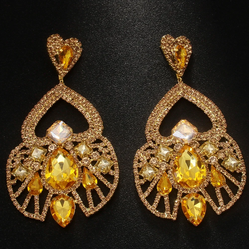 Exaggerated Hollow Crystal Dangle Earrings for Drag Queen Handmade Fashion Oversize Rhinestone Hanging Earrings Piercing Party