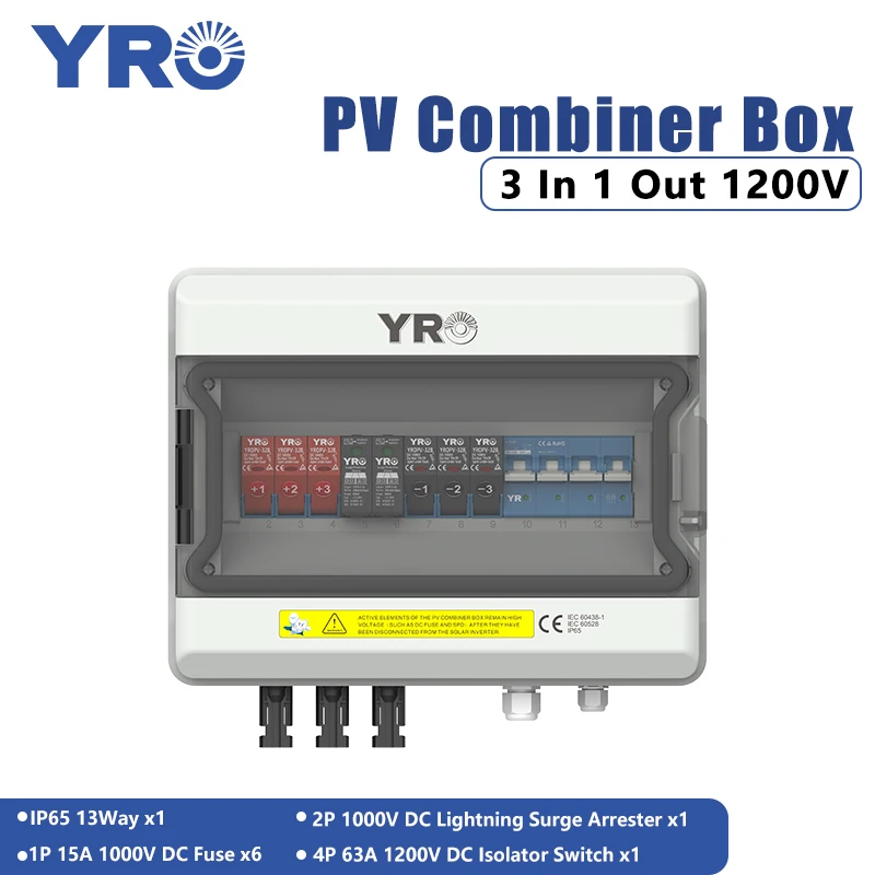 PV Combiner Box 3 input 1 output DC1200V Solar Photovoltaic With Lightning Protection Fuse MCB SPD Waterproof Box IP65 13ways