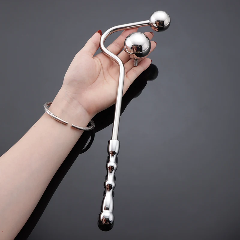 Stainless Steel Anus Dilator Massager Curved Head Anal Hook With 2 Balls Butt Plug Prostate Massager Sex Toys For Men Women Gay