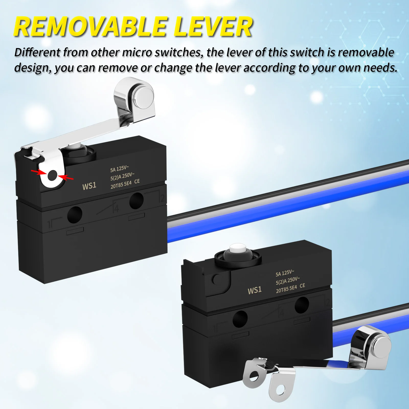 2PCS Micro Limit Switch with Roller Lever 6A 12V DC Waterproof Sealed Lever Microswitch SPDT 3 PIN 5A 250VAC with Pre-Wired