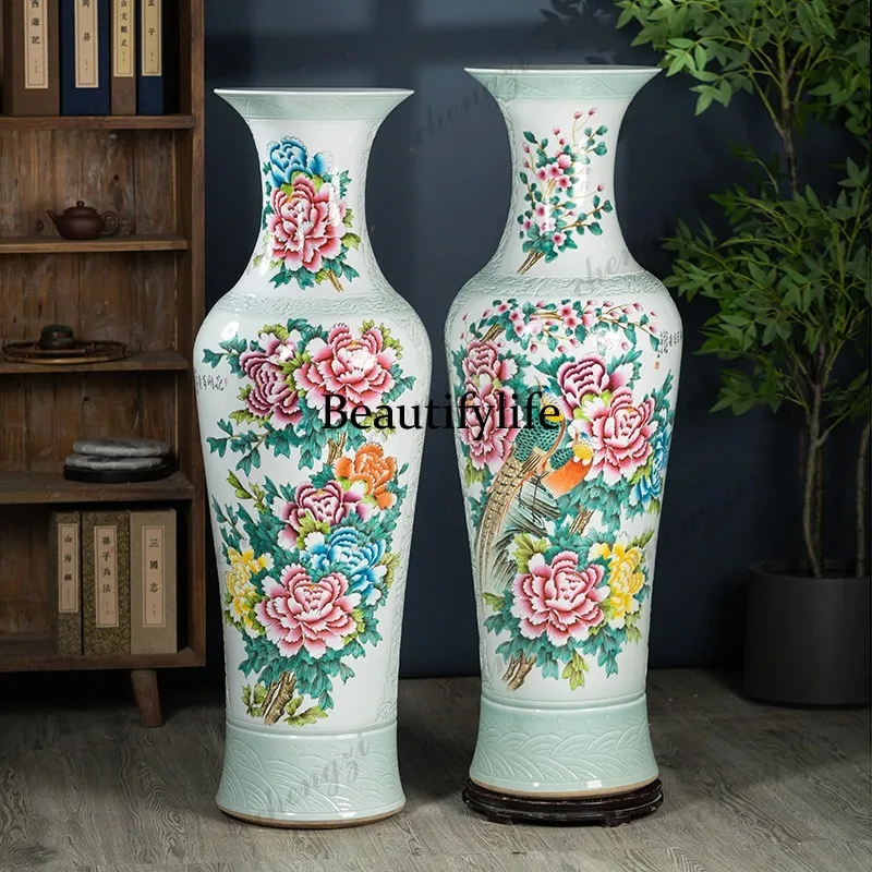 High-end hand-painted floor-to-ceiling vase Jingdezhen ceramic living room TV cabinet company decorative ornament
