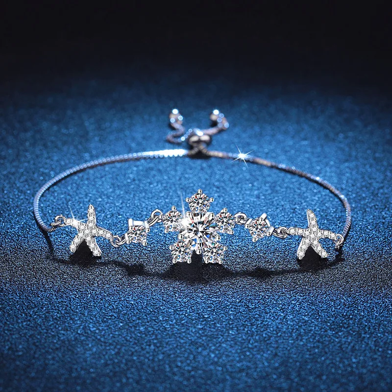 LioraGem Women's Lively Starfish Moissanite Bracelet, 1-Carat Moissanite Snowflake Adjustable Bracelet Platinum PT950 Stamp