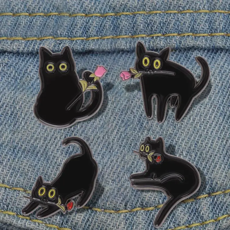 

Black Cat With Rose Enamel Pins Custom Funny Cute Animal Brooches Lapel Badges Cartoon Punk Jewelry Gift for Friends