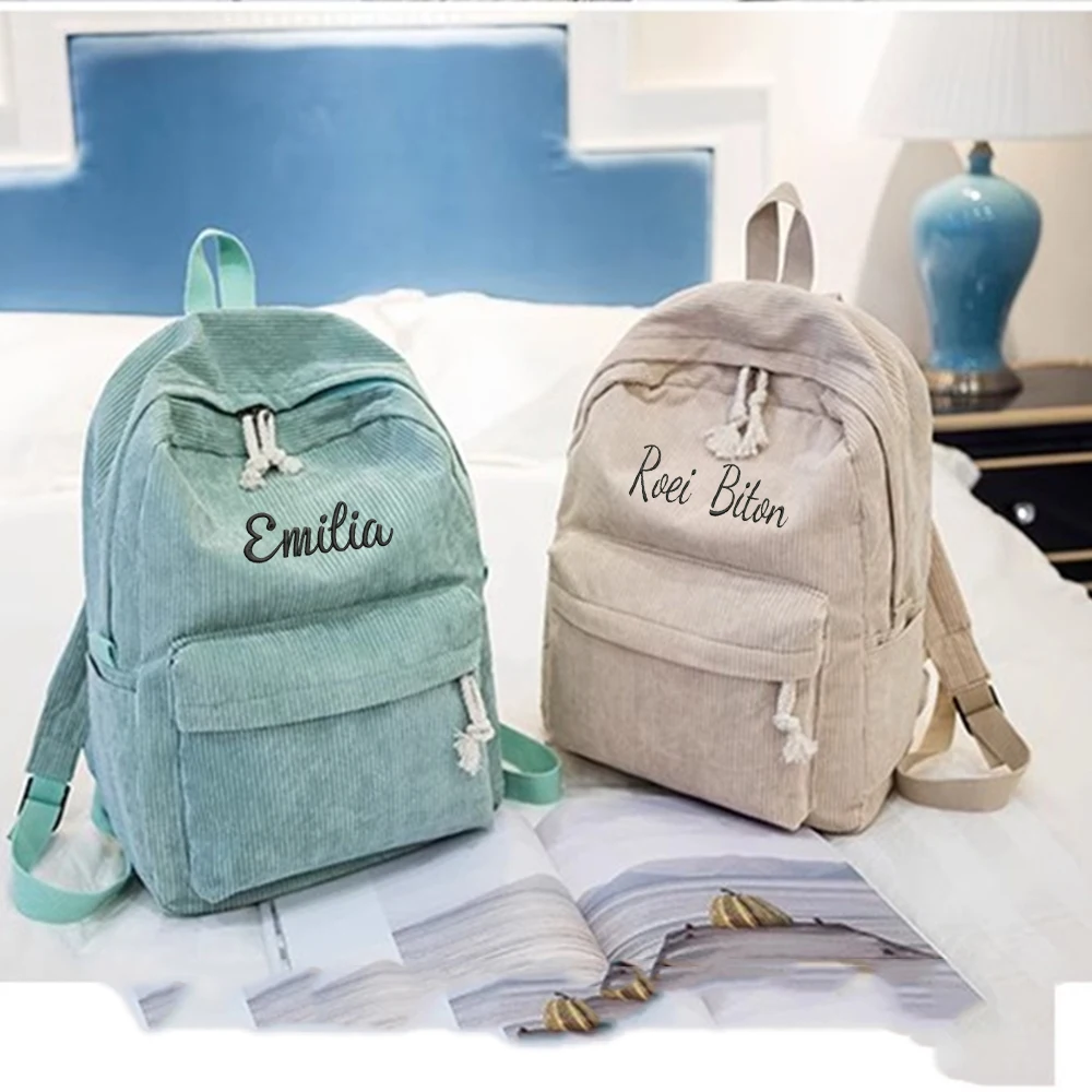 Mochila escolar de pana de gran capacidad con nombre personalizado, bolso de Campus de Color Simple para niños y niñas, mochila de viaje con nombres