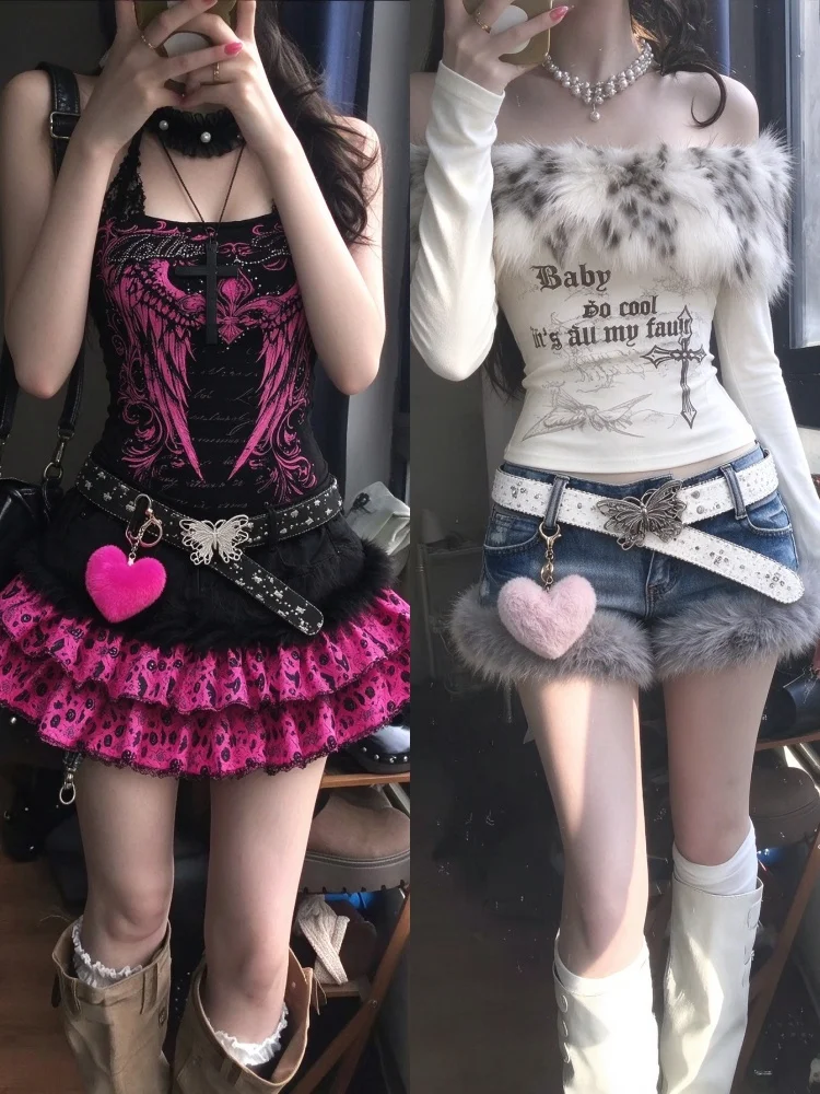 Y2K Retro Harajuku Women 2 Piece Outfits 2026 Korean Gothic Punk Print Tops and Mini Skirt Subculture Vintage Matching Suits