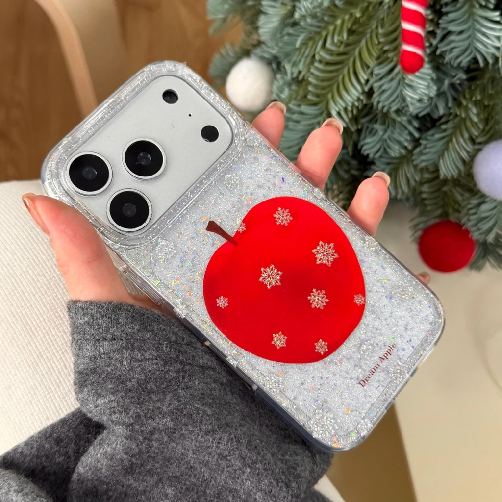 Christmas Series Gilding Glitter Snowflake Red Apple Shockproof Protective Phone Cover Case for iPhone 17 16 15 14 Pro Max