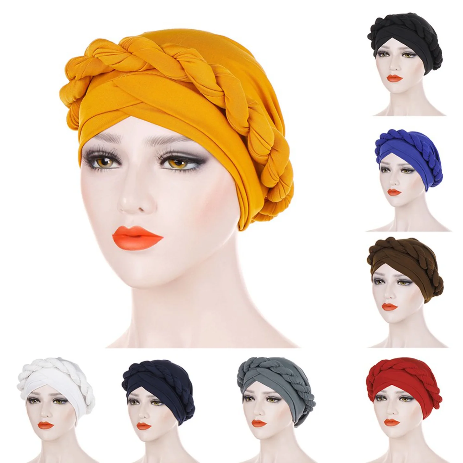 Boho Ethnic Chemo Cancer Headwear Cap - Pre-Tied Turban Head Wrap with Twisted Braid Hair Cover