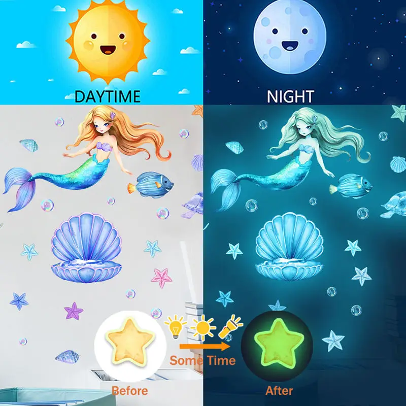 Glow In The Dark Mermaid Stickers Kids Room Decor Sea Animals Luminous Wall Sticker Seabed Marine Life Starfish Glowing Decals