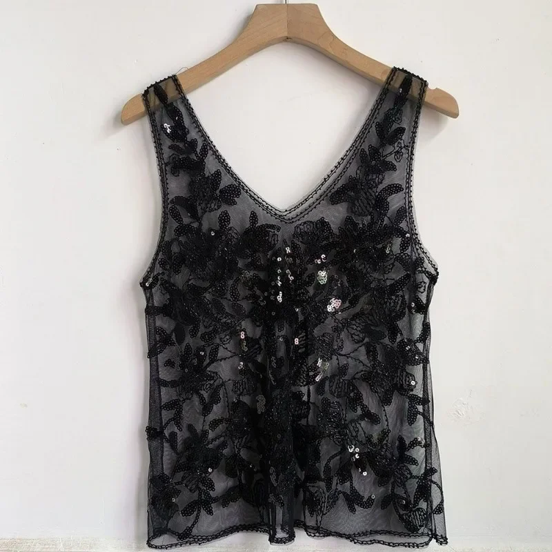 

Sequined Beads French Style 2025 Summer New Vest Sleeveless Slim Fit Perspective Sexy Chic Ins Thin Loose Tank Top