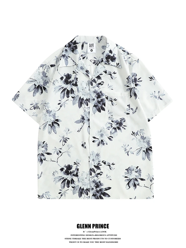 

New Chinese Style Watercolor Floral Print Cuban Collar Short Sleeve Casual Shirt for Men Summer Loose Fit Youth Fashion