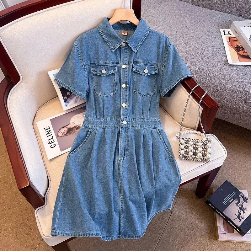 Fashion Blue Denim Dress For Women Summer Short Sleeve Turn Down Collar Chic Jean Short Dress Casual Female Outfit