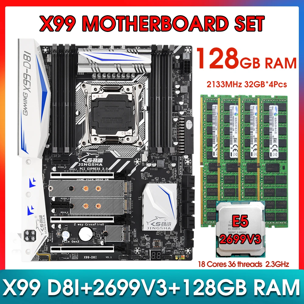 X99D8I motherboard LGA 2011-3 kit Xeon E5 2699 V3 CPU 128GB(4*32GB) 2133MHz DDR4 RAM Support E5 V3V4 processor Nvme m.2 sata 3.0