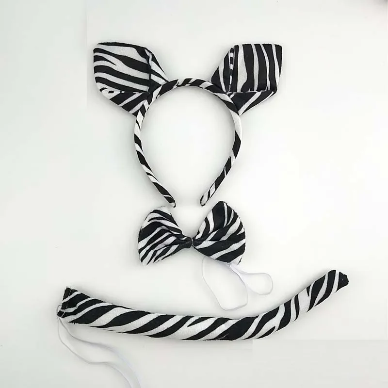 Adult Kids Party Women Men Animal Ear Headband Tail Tie Birthday Hair Band Plush Zebra Tiger Headwear Halloween Costume Cosplay