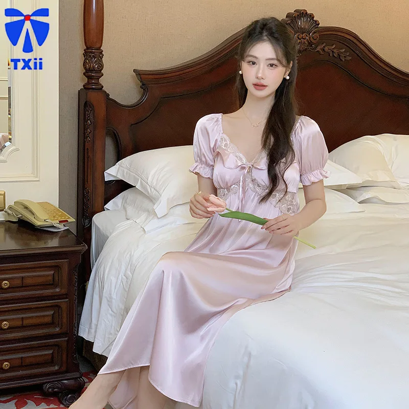 

New French Style Pajamas Spring Summer Long Ice Silk Short-Sleeved Nightgown Fairy Style Pajamas Thin Outer-Wearing Home Clothes