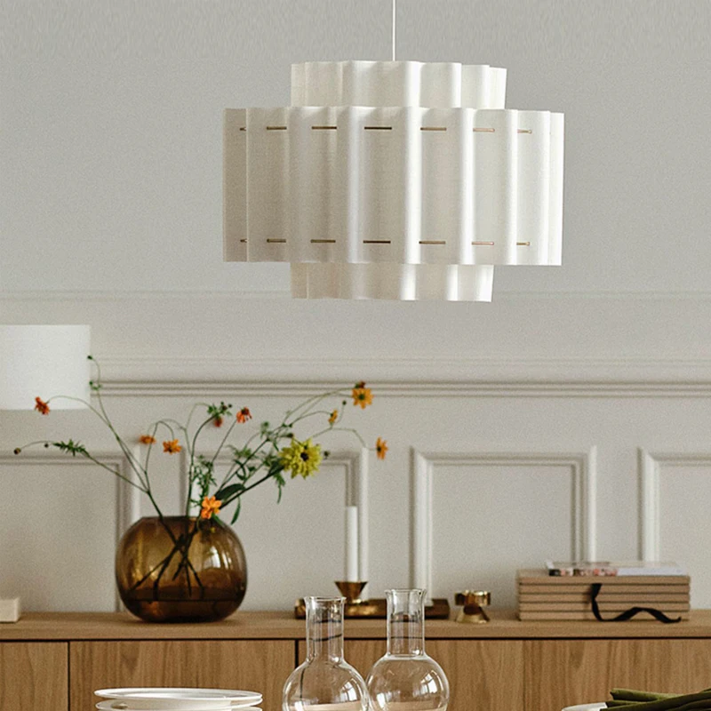 

Nordic Rotundity White Pleated Double-layer Fabric Pendant Light Modern Restaurant Kitchen Living Room Bedroom LED Hanging Lamp