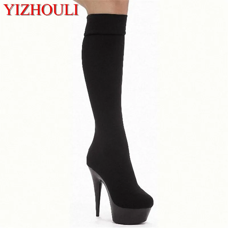 

15cm ultra high heels boots barreled platform japanned leather 6 inch performance shoes plus size knee high dance shoes