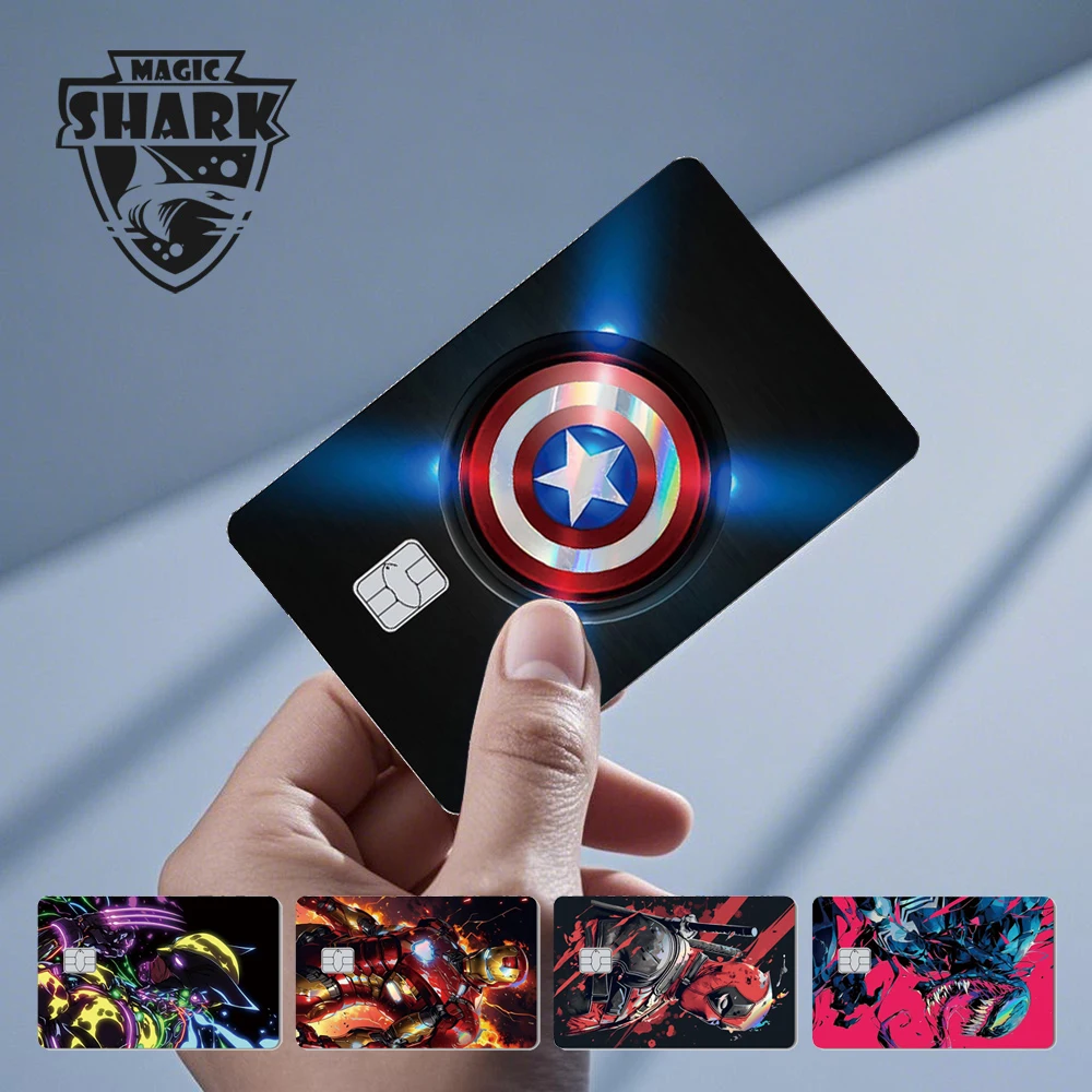 Magic Shark Deapool Venom Spiderman Captain American Ironman Shinny Holographic Sticker Film Skin for Debit Credit Card No Fade