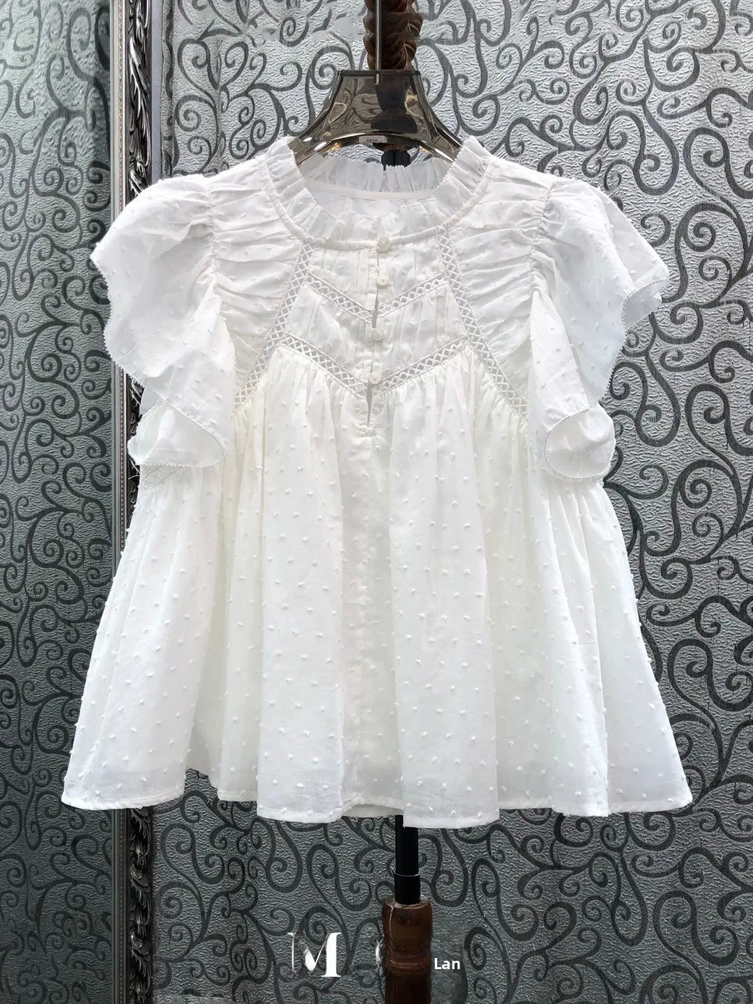 

Milan Small Town High Version Lace Hollow out Patchwork Short Sleeve Sweet Pure Color Top Women's Fashion Original Design Shirt